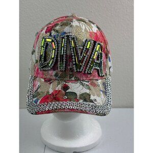 Embellished "DIVA" Floral Baseball Cap With Rhinestones